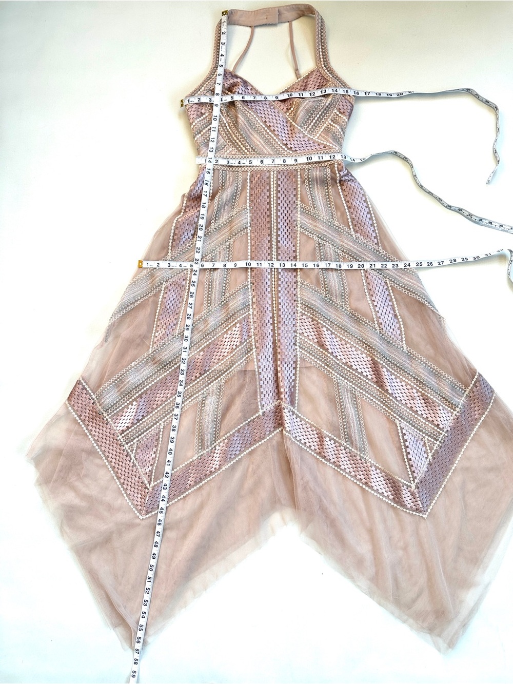 BCBGMAXAZARIA PINK/NUDE/METALLIC TULLE ETHEREAL GODDESS HANDKERCHIEF DRESS Sz2 - Picture 16 of 16